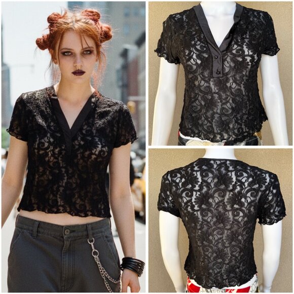 Vintage Tops - Y2K Sheer Black Lace Goth Top